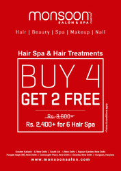 Monsoon Salon offers hair and spa treatment buy 4 get 2 free.