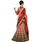 Wedding Orange And Red Velvet Lehenga Style Saree