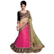 Cream and Pink Net Embroidered Lehenga Saree