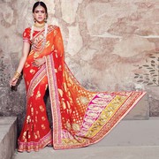 Thrilling Patch Border Work Red And Orange Banarasi Silk Designer Sare