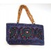 Blue Handmade Embroidered Shoulder Bag With Wooden Handle